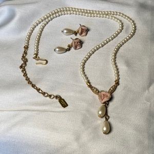1928 Porcelain Rose and Costume Pearl Drop set VINTAGE
